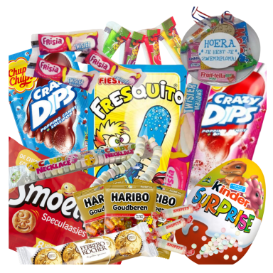 Kleurrijke verzameling snoep en snacks, waaronder chocolade, zuurstokken en spekjes.